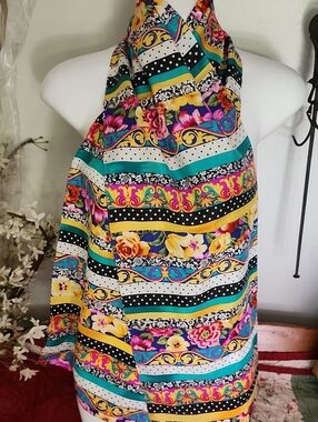 Vtg Made In Korea Vibrant Floral & Striped Silk Scarf 10.5 X 60